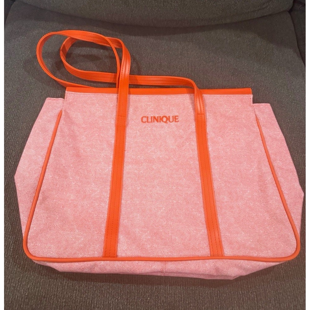 Clinique Pink Canvas Tote Bag Orange Faux Leather Double Handles Lined Logo
